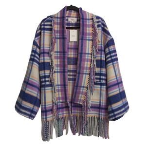 Xirena Womens Austyn Jacket Multicolor Purple Plaid Open Fringe Collar L New